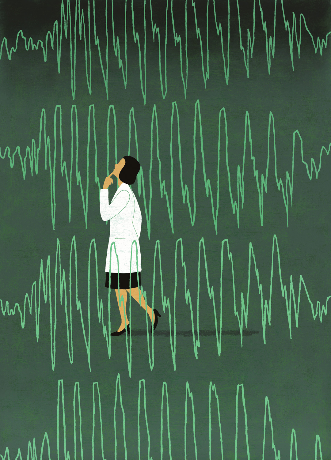 Illustration of a scientist walking among brainwaves