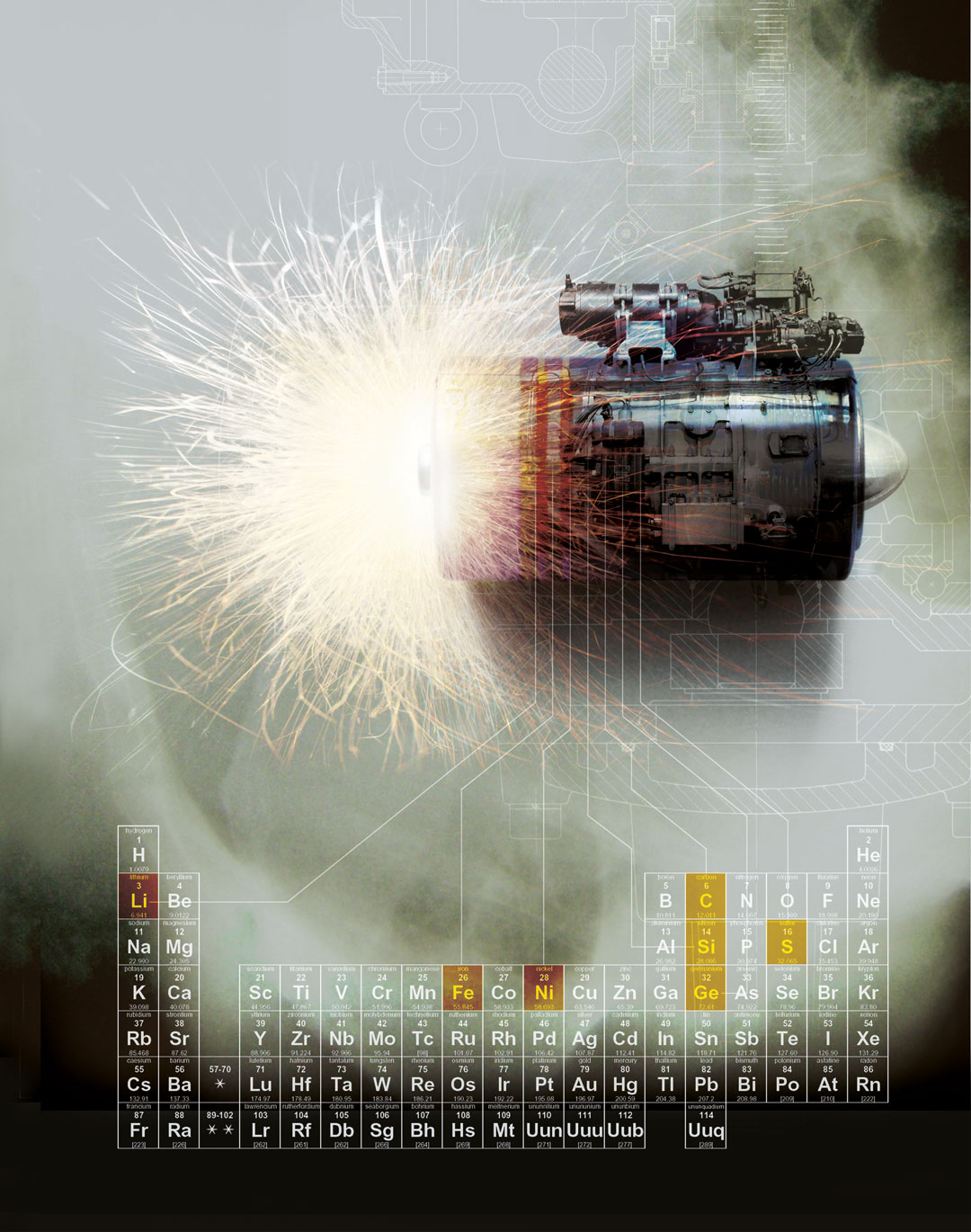 Photo illustration of a battery and the periodic table below