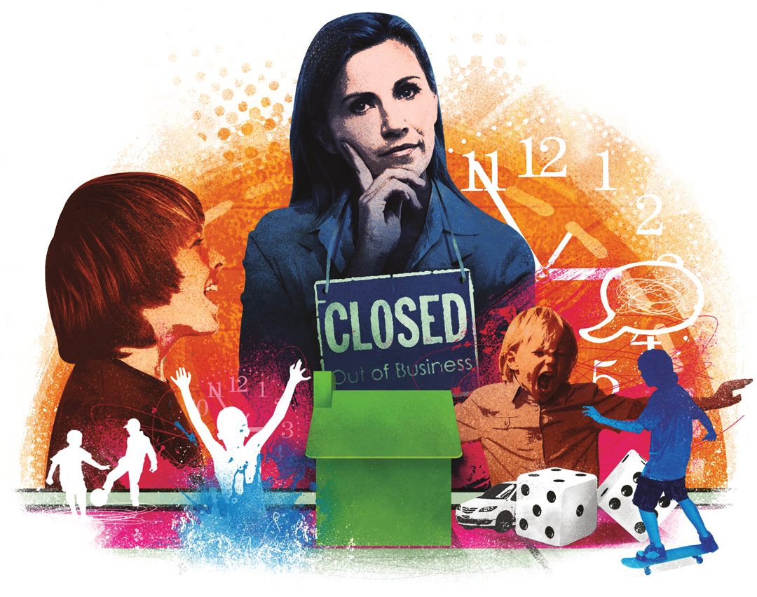 A woman wearing a "closed" sign around her neck and children doing sports, etc.