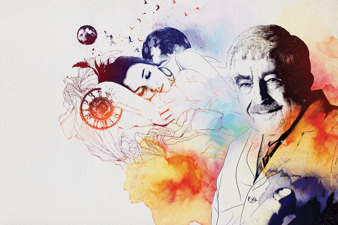 Illustration of William Dement staring into the camera and a woman sleeping in the background