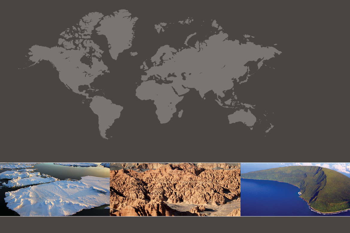 A map of the world and inset photos of ice, desert, and an island