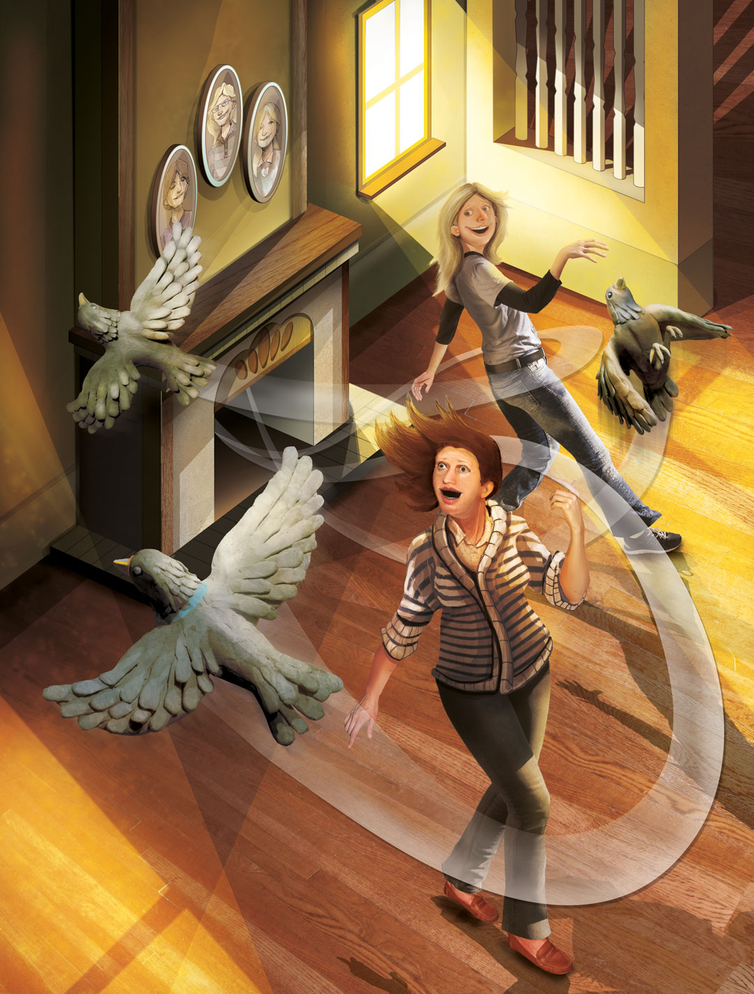 Illustration of two people in a living room watching birds swirling above