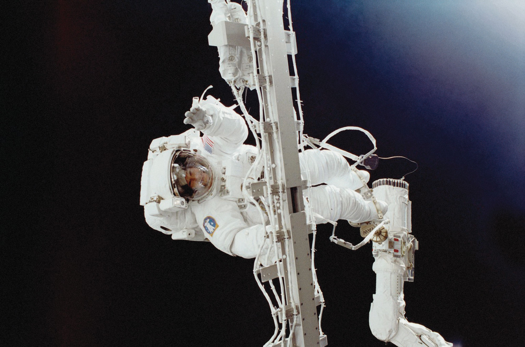 Susan Helms outside the space station