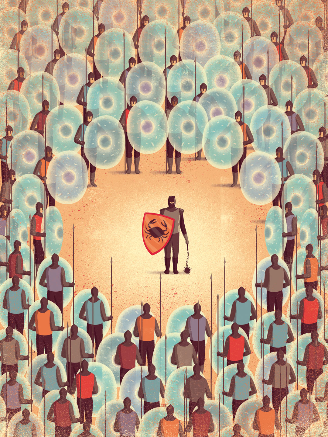A person with a shield encircled by many others with shields