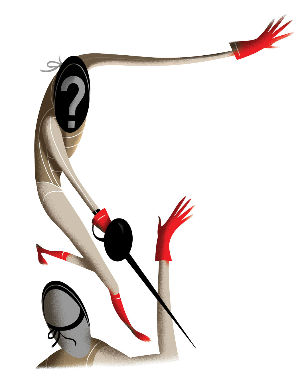 Illustration of two people fencing, one has a question mark on his helmet