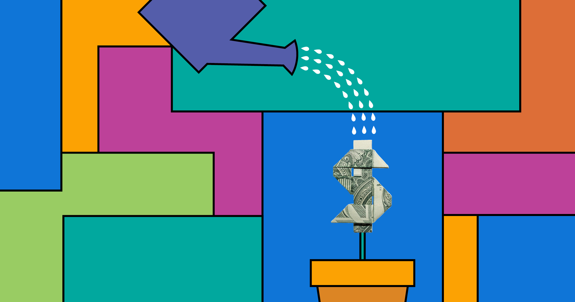 A colorful illustration of a pot watering a dollar sign tree.