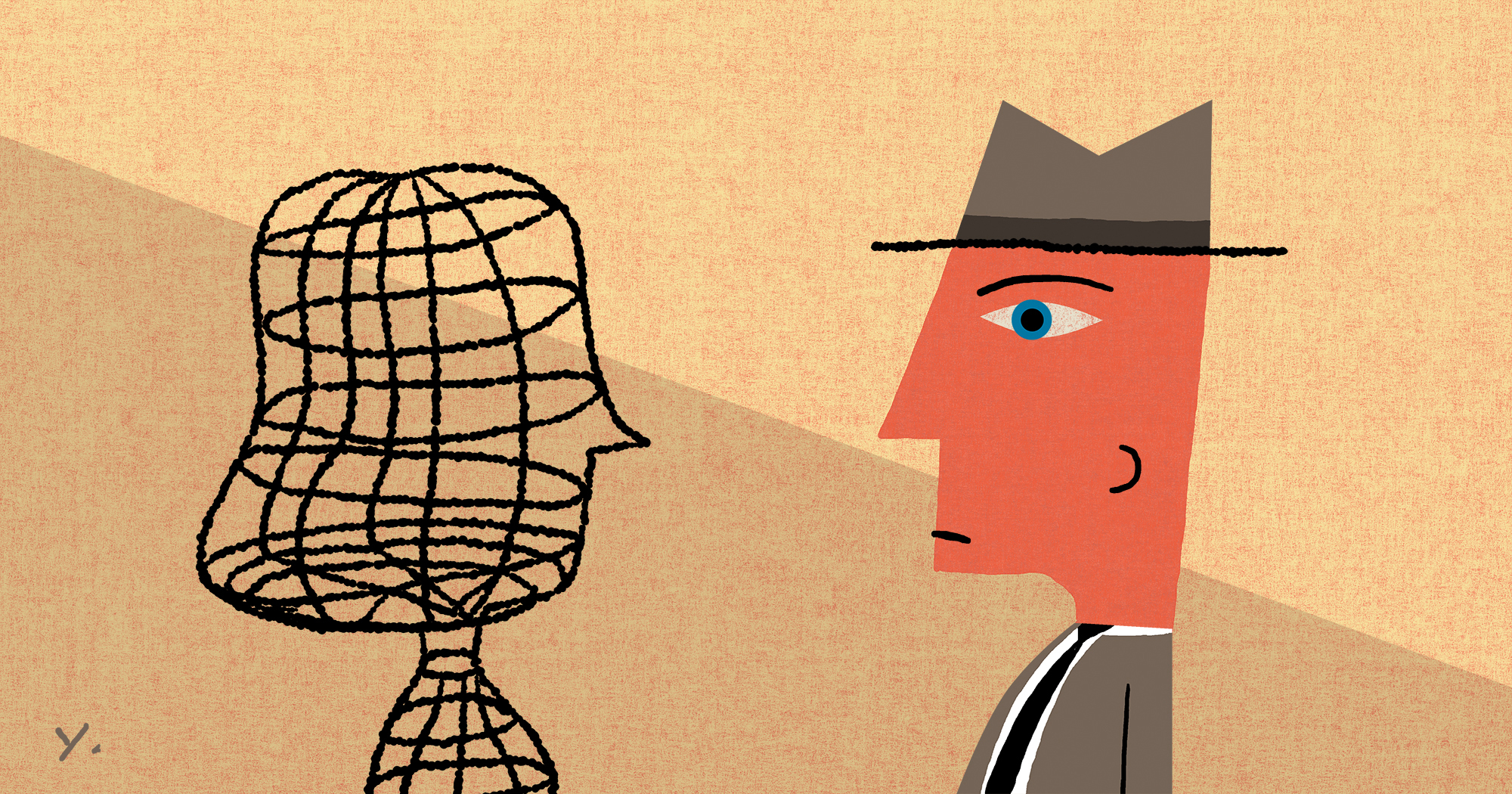 Illustration of a man in a hat staring at a bunch of lines formed like a woman