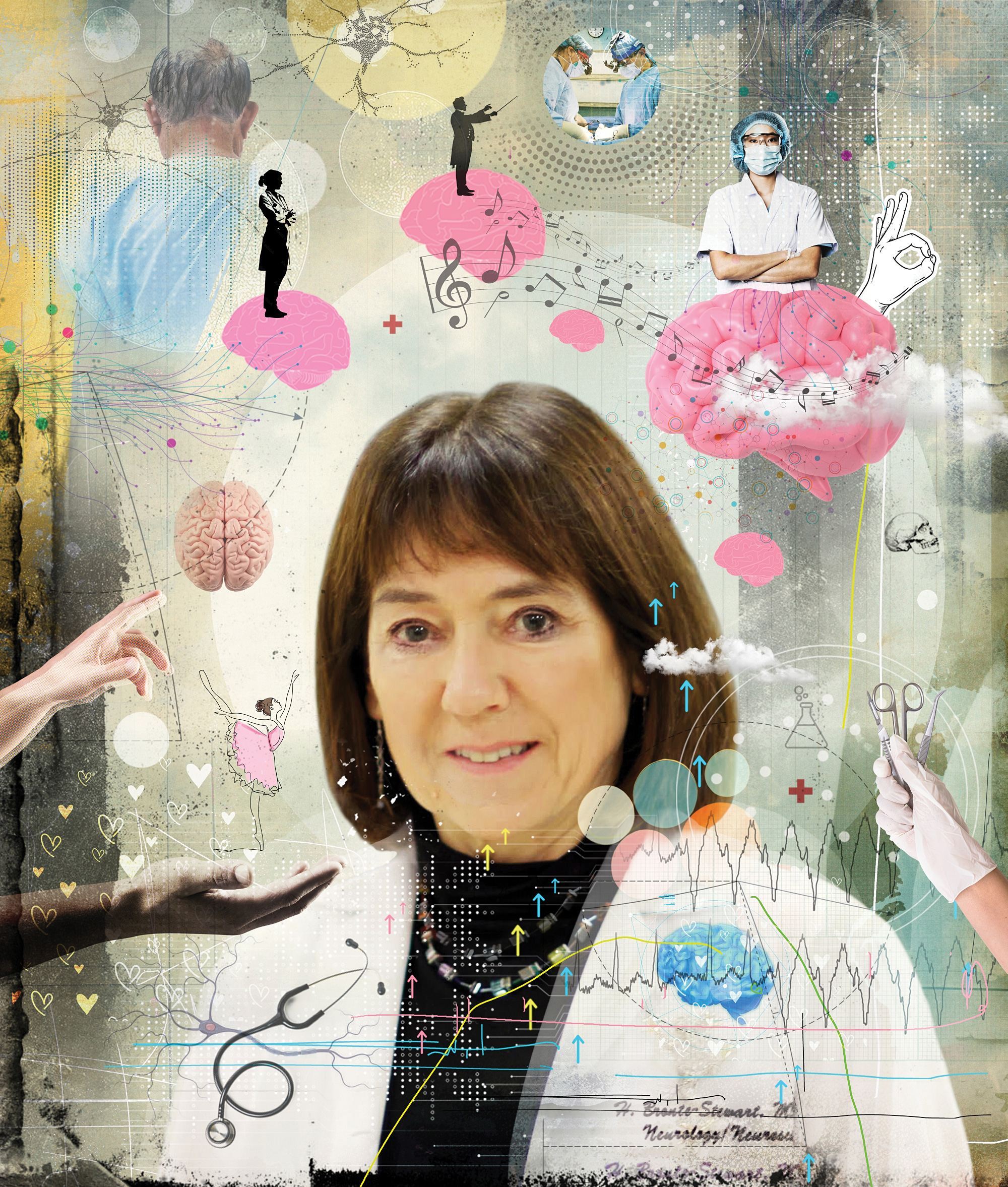 An illustration of medical and brain imagery that includes a photo of Helen Brontë-Stewart