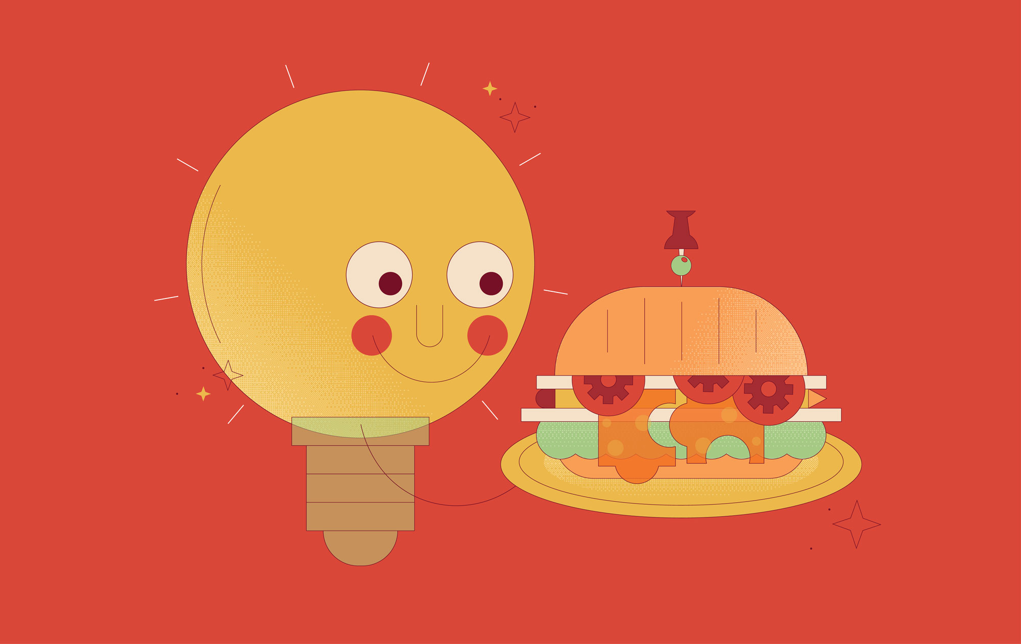 Illustration of a lightbulb smiling and holding a sandwich.