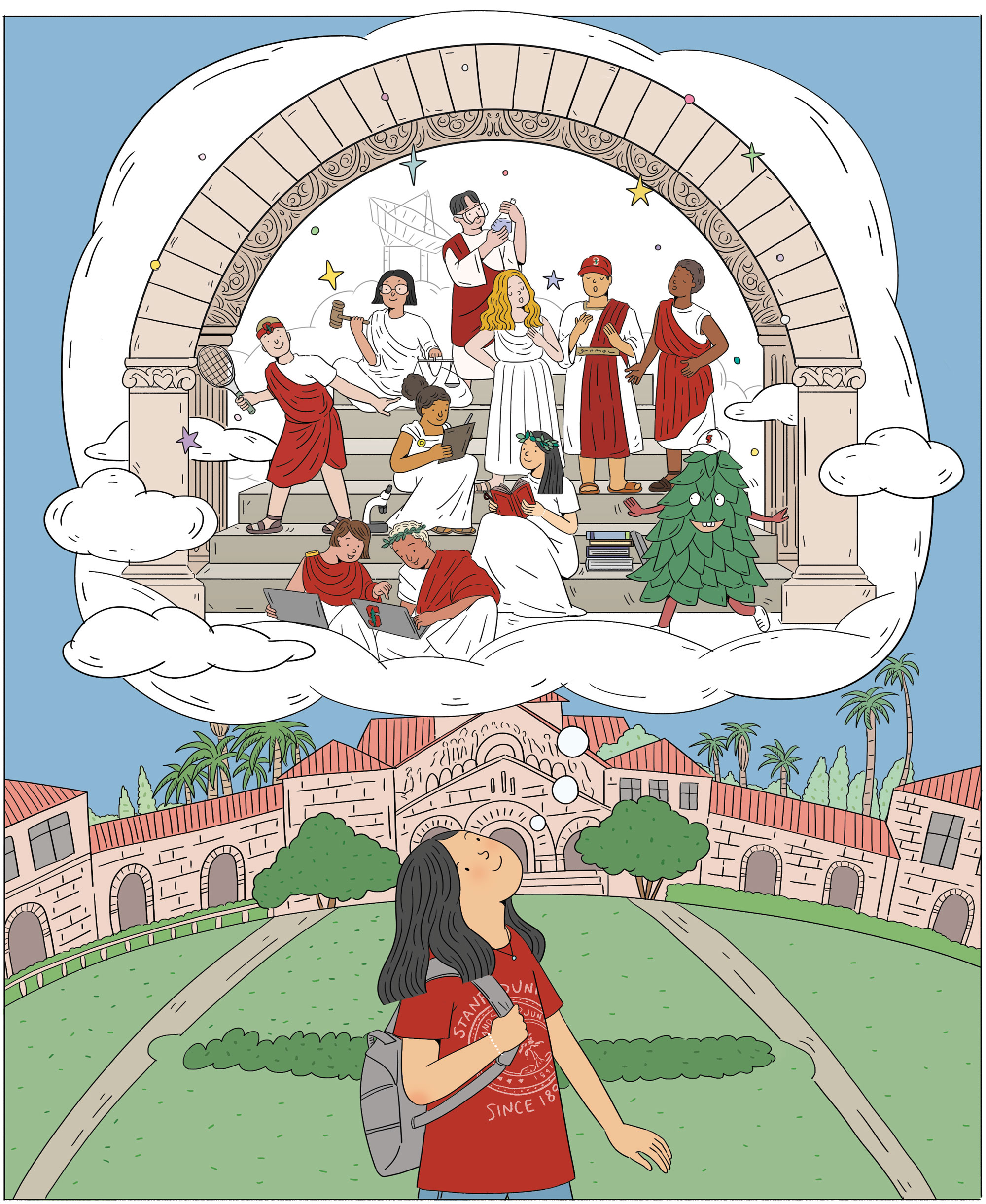 Illustration of Stanford students as gods on Mount Olympus