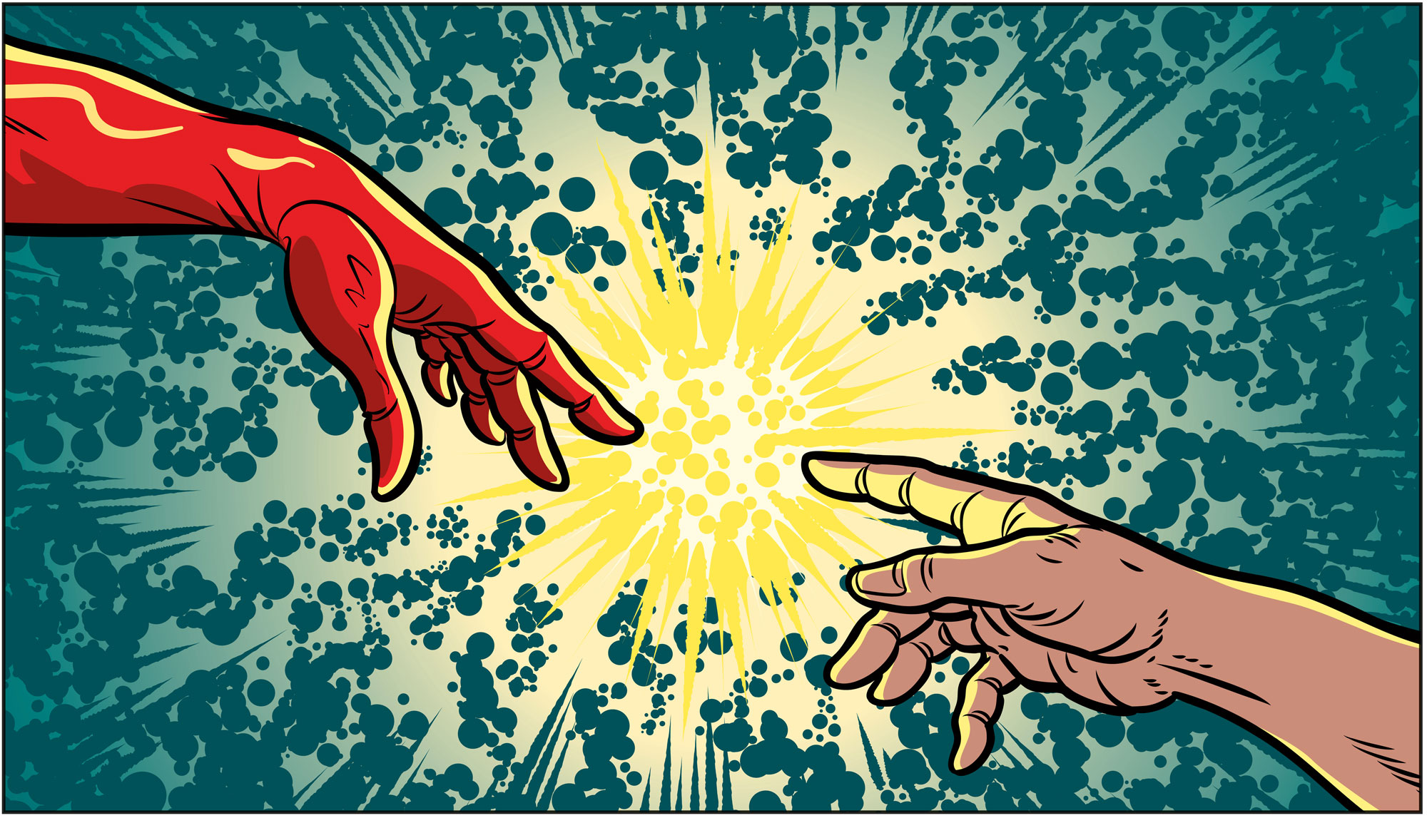 Illustration showing a superhero's hand transferring power to a mere mortal's hand.
