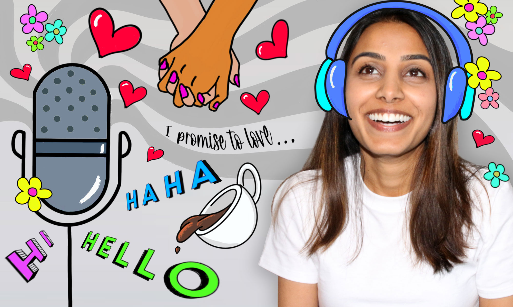 Naomi Shah with a backdrop of cartoon headphones, microphone, holding hands, hearts, and a cup of coffee.