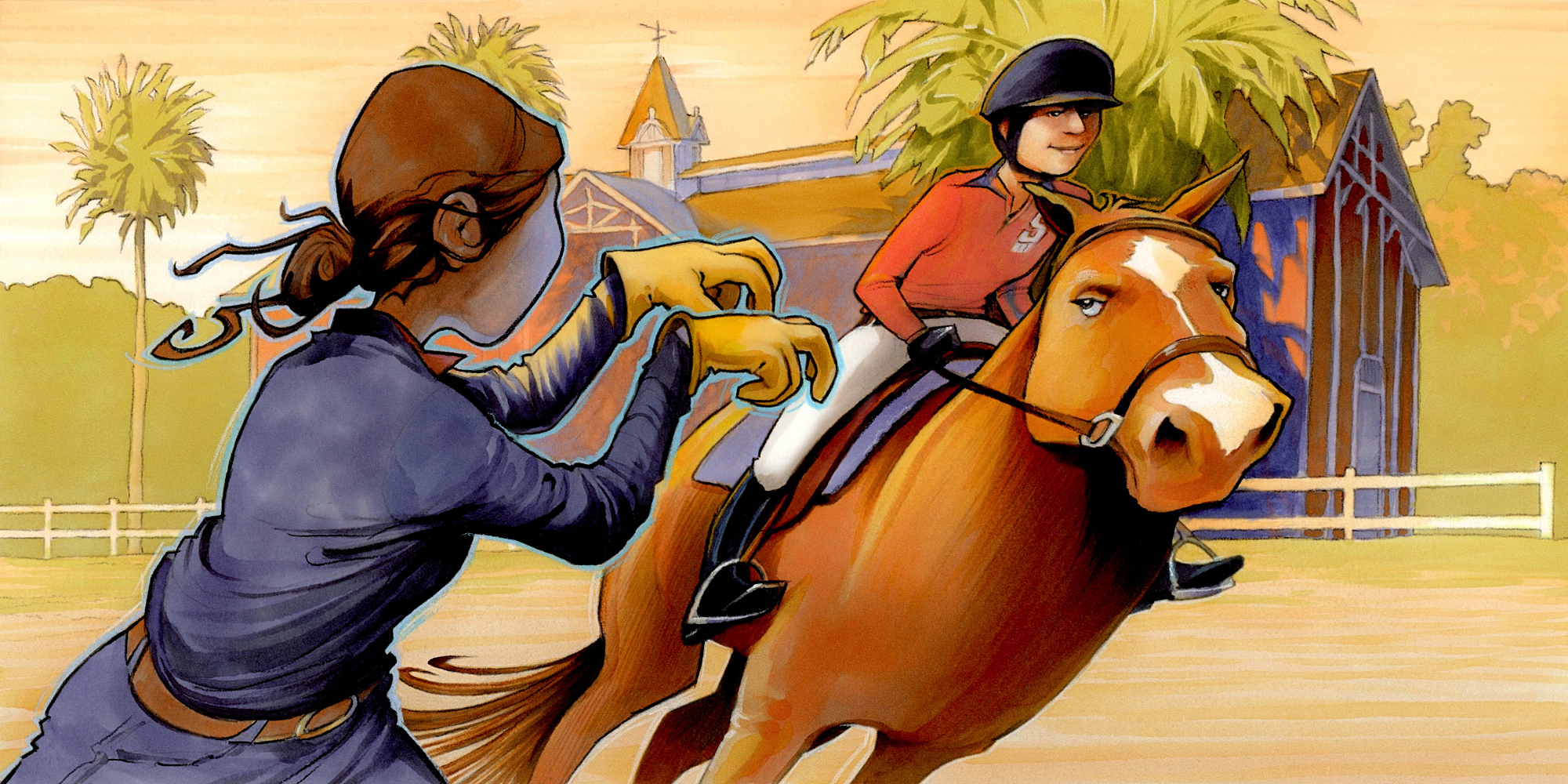 Illustration of a woman riding a horse and an interpreter signing.