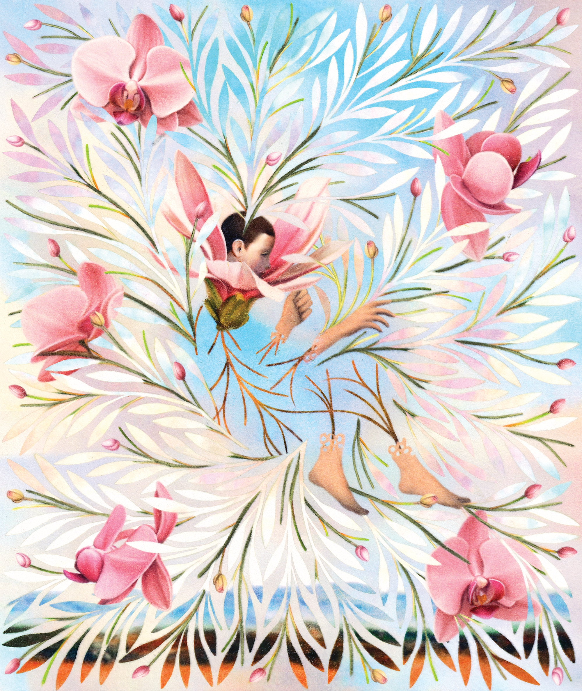 Illustration of orchids with a person's head, hands, and feet in the middle