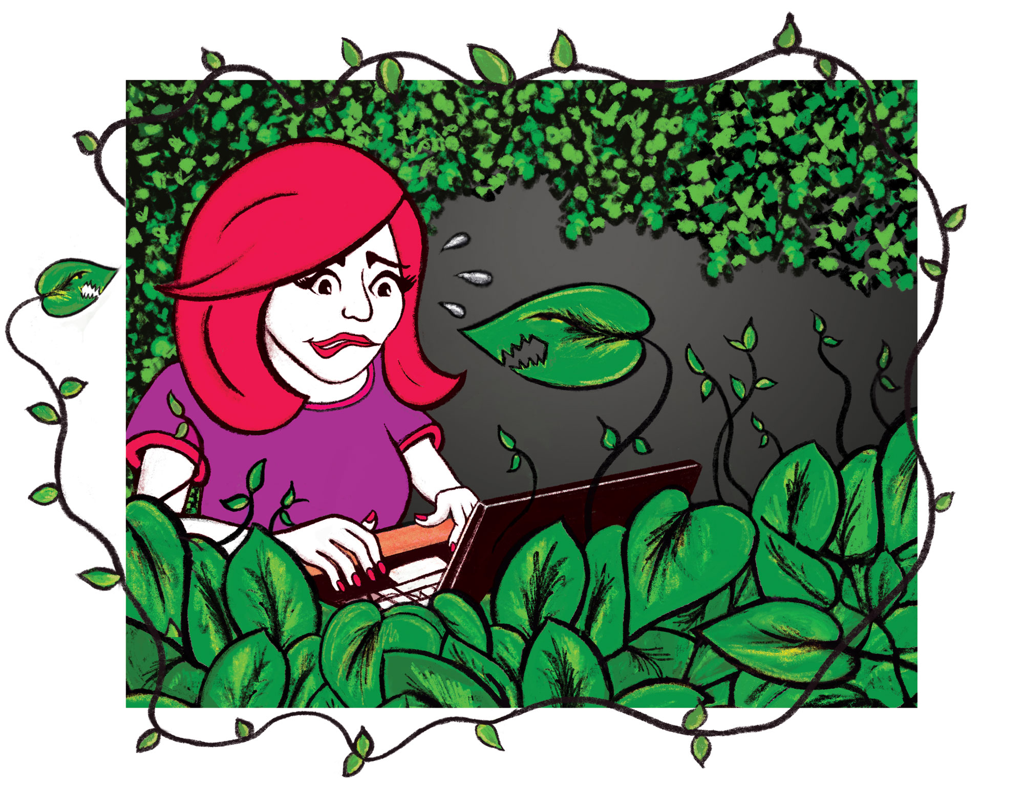 Illustration of an anxious woman surrounded by greenery