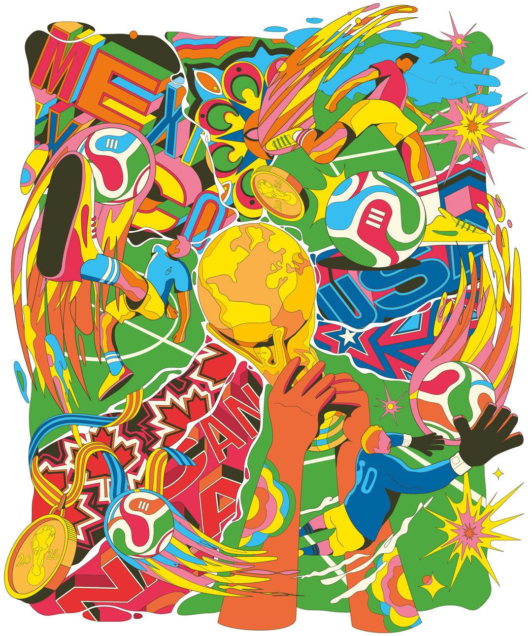 Illustration of soccer players, balls, and the flags of Mexico, Canada, and the United States around a World Cup trophy and globe.