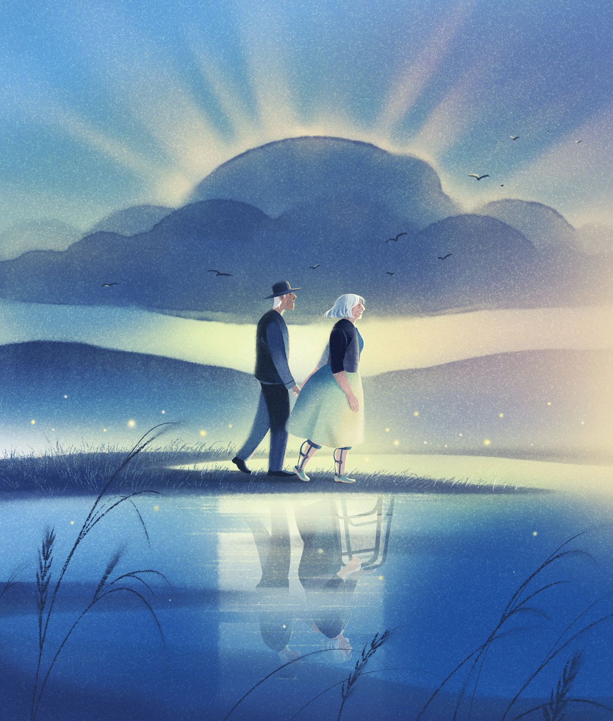 Illustration of an older couple walking by water. The woman is walking with an exoskeleton on her leg while her reflection shows her walking with walker instead.