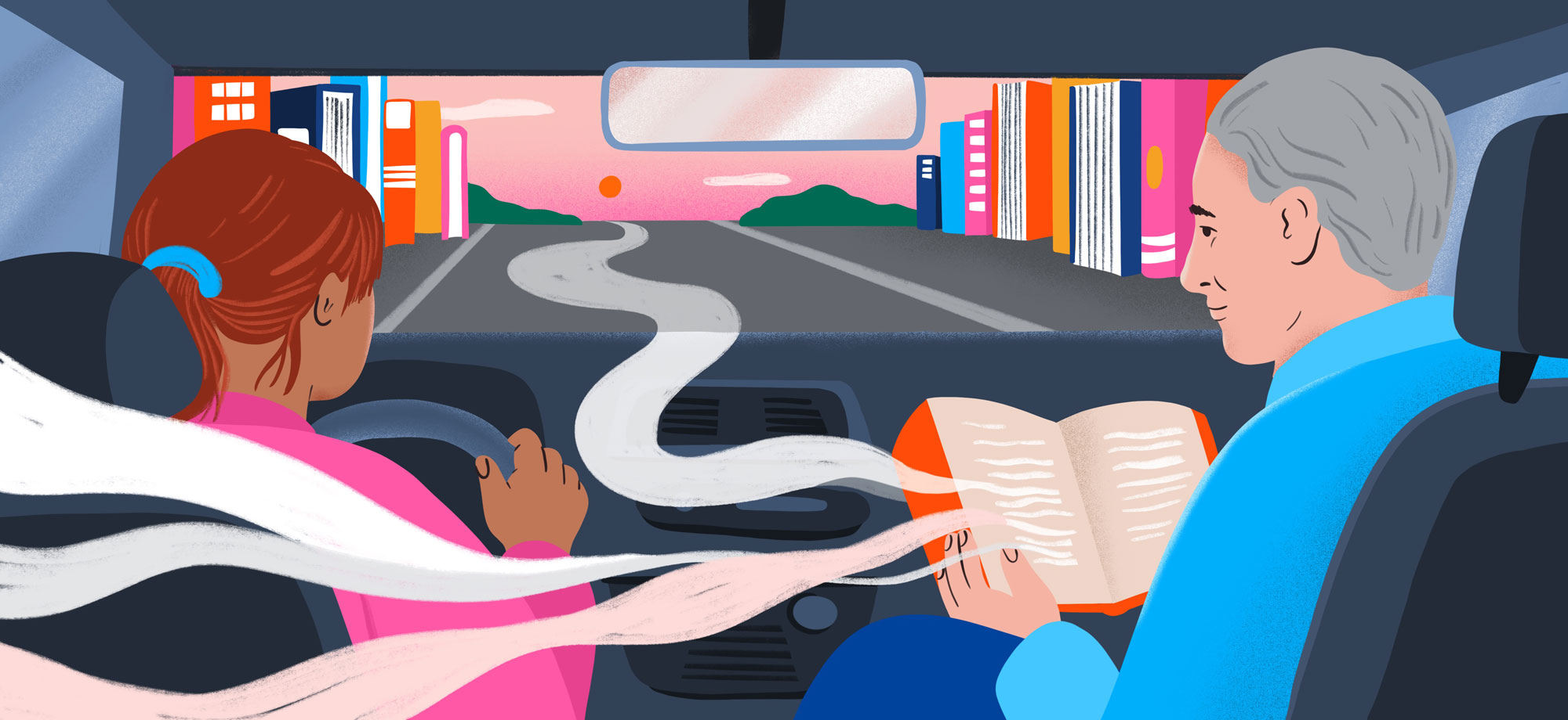 Illustration of a daughter driving and a father in the passenger seat reading a book to her