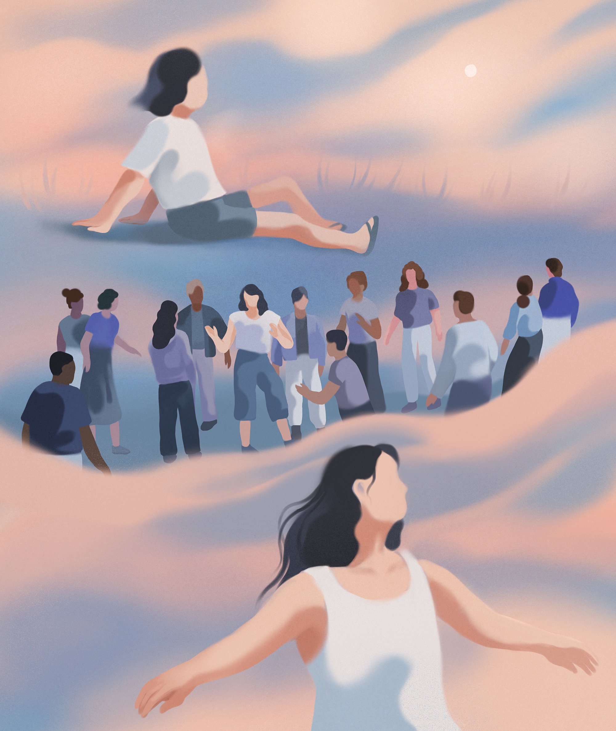 A three-part image features a girl sitting on the beach in her childhood; that girl as a young woman with a group of people in college; and that same woman standing alone in a posture of freedom and confidence.