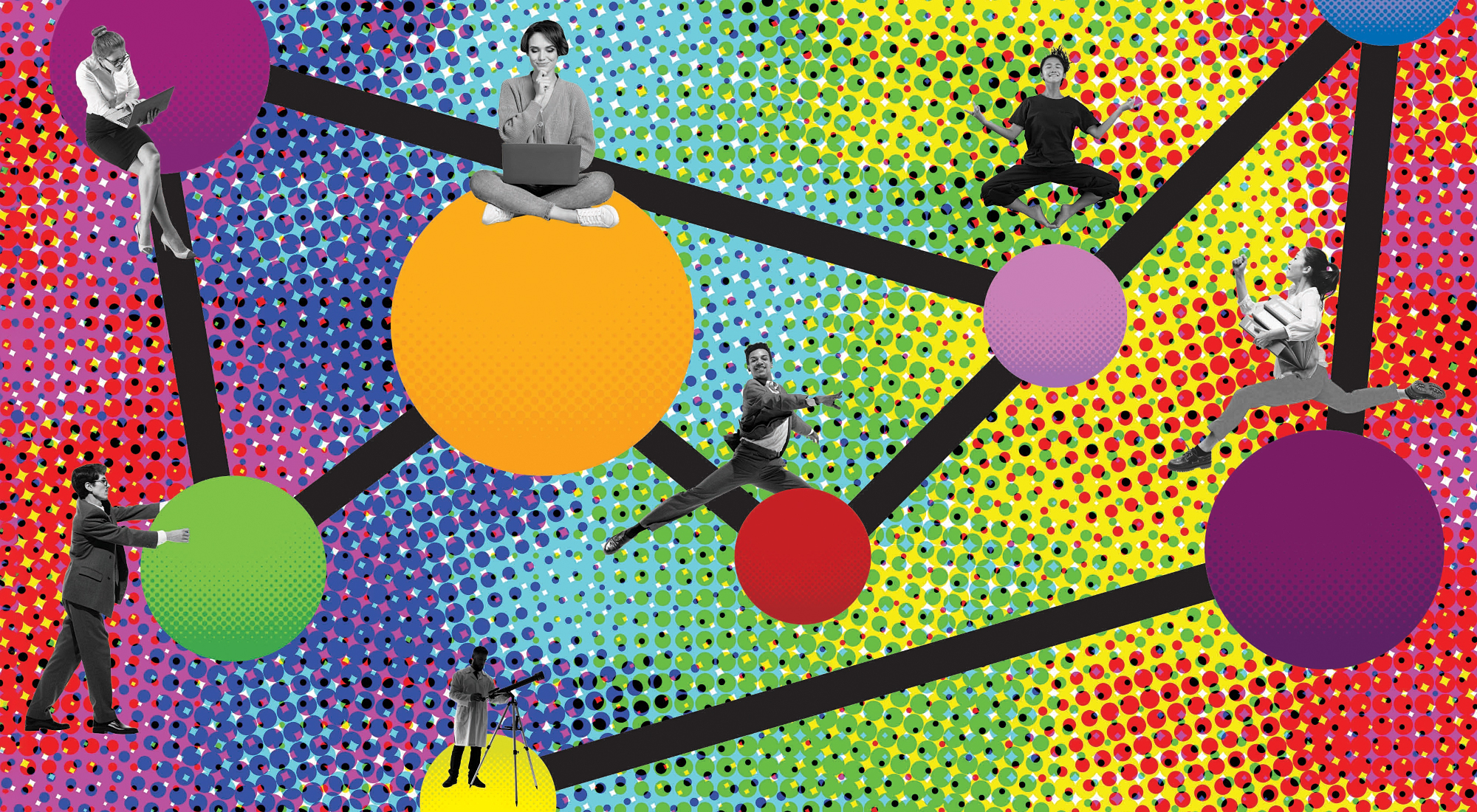 Technicolor illustration resembling a DNA strand with black and white photos of different people making connections.