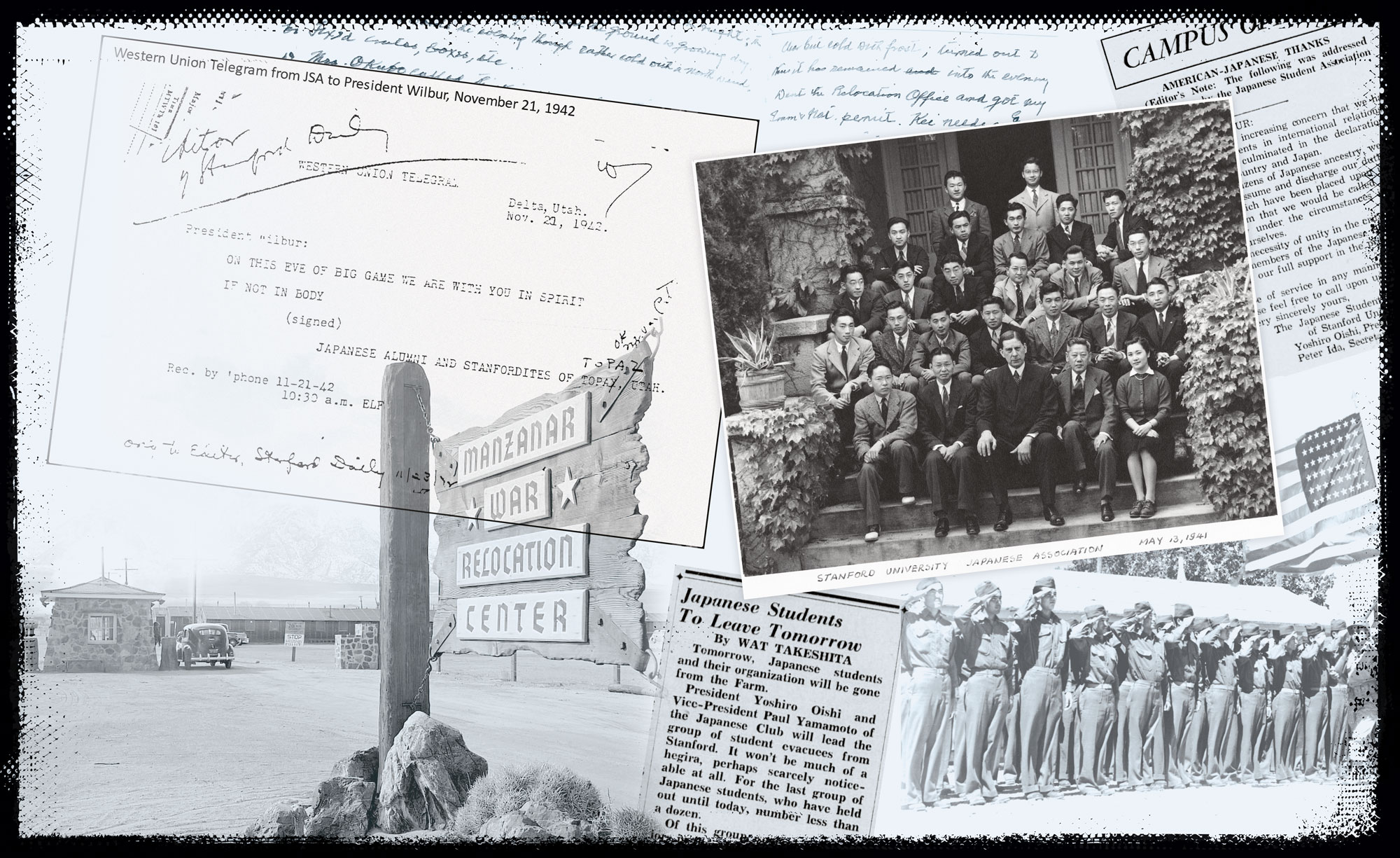 Collage of archival photographs, newspaper clippings, and documents related to Stanford’s Japanese American students during World War II, including a relocation center sign, a group portrait, and wartime correspondence.