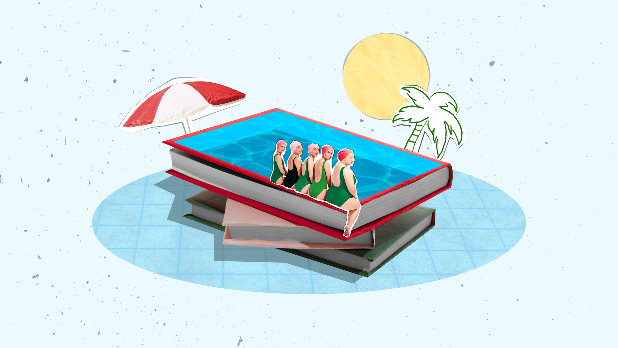 Digital artwork of synchronized swimmers in book-shaped pool under sun and palm tree. Concept of teamwork, performance, aquatic sport, summer leisure, and creative vacation promo.