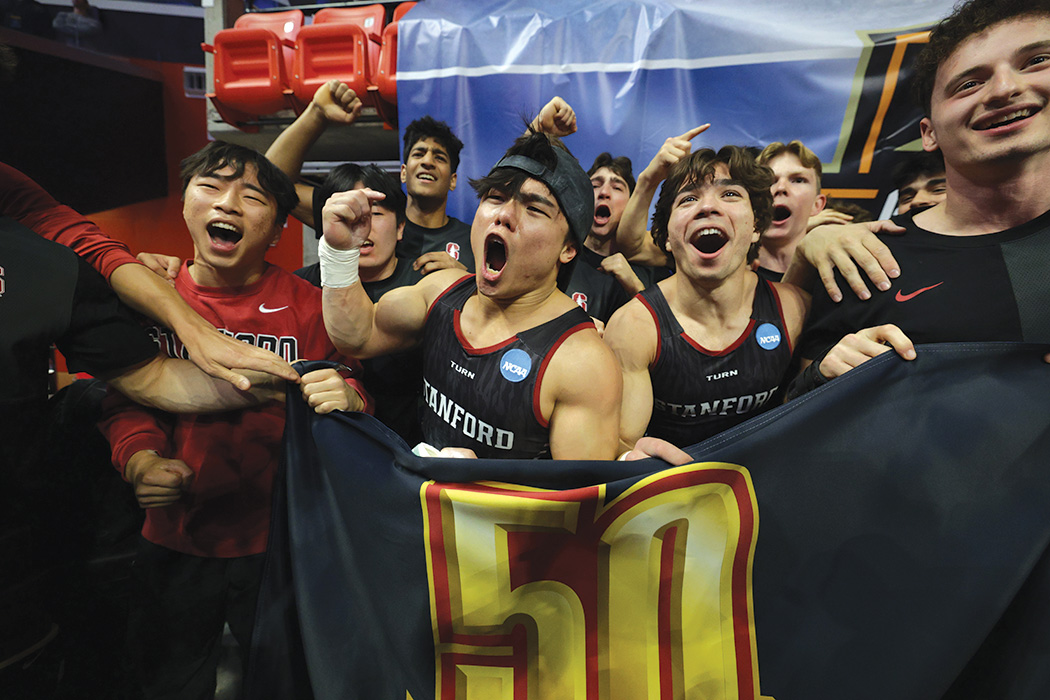 Stanford men's gymnastic team celebrating