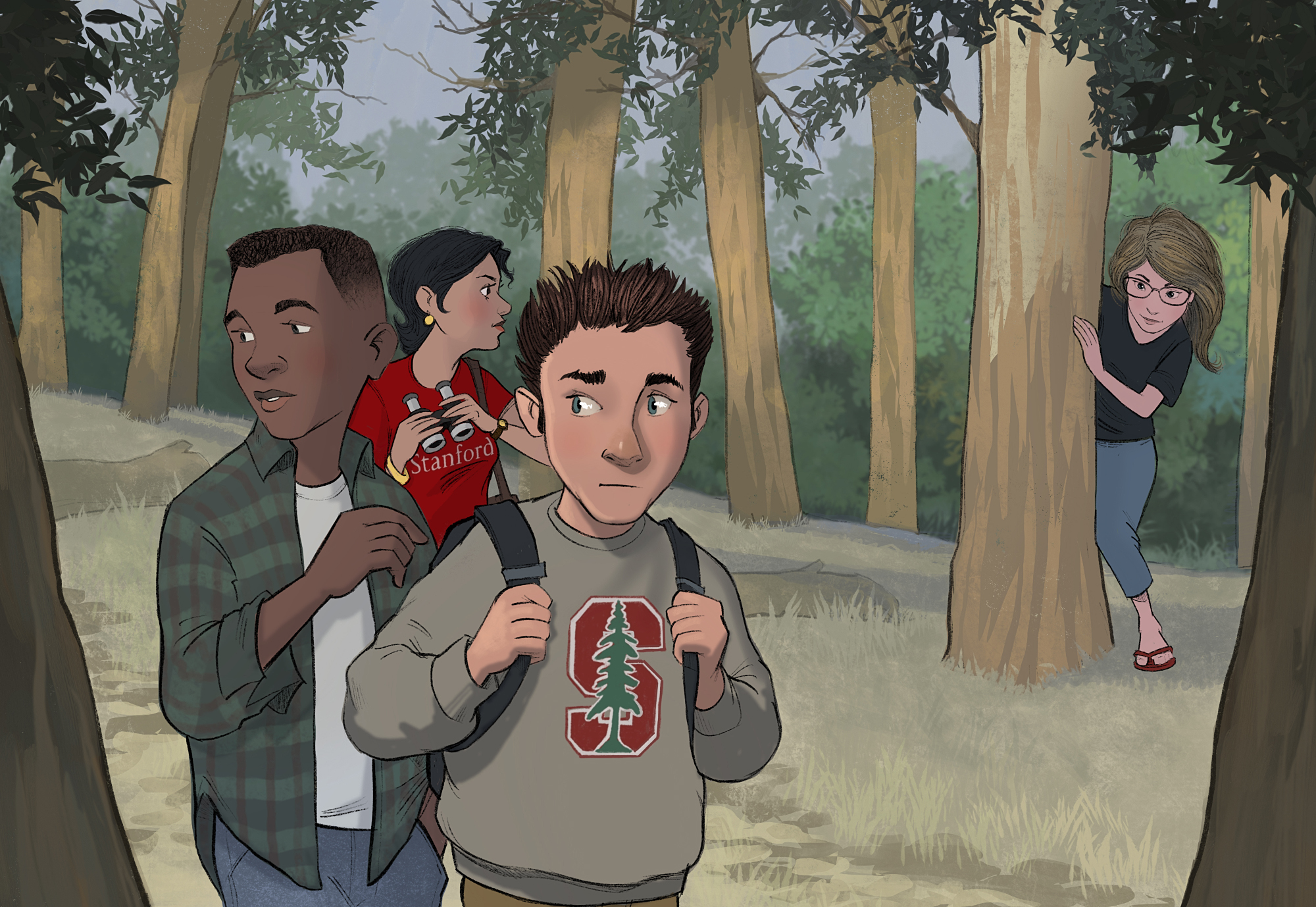 Three students in the woods with one hiding behind a tree