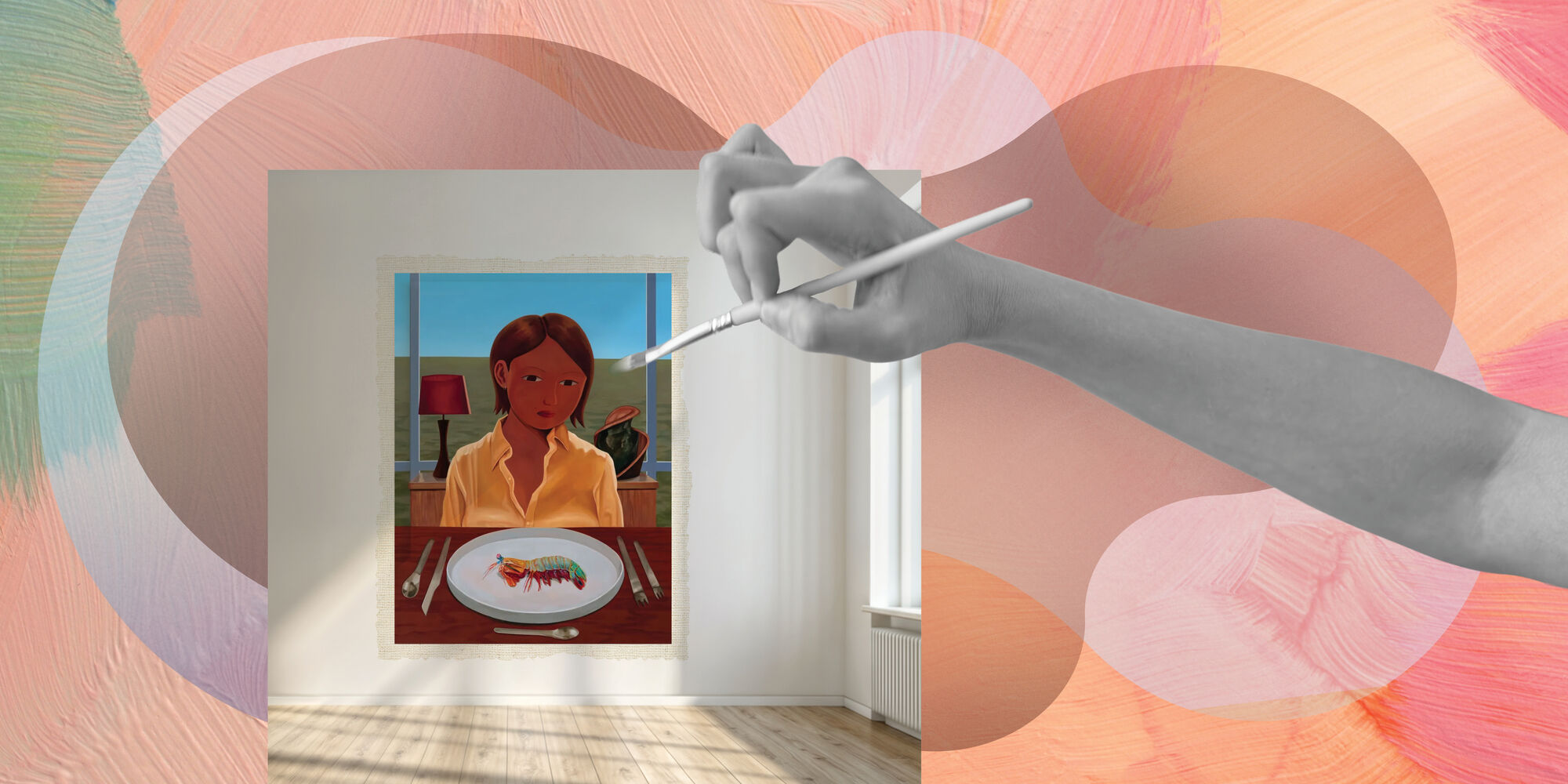 An illustration of a black and white hand with a paintbrush painting a child with a plate of shrimp in front of them