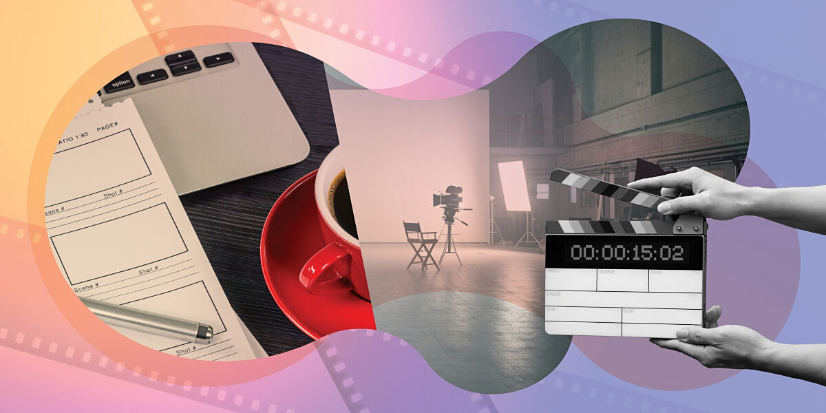A collage depicts a script, a cup of coffee, a film set, a director's chair and film camera, and a set of hands holding a clapperboard.