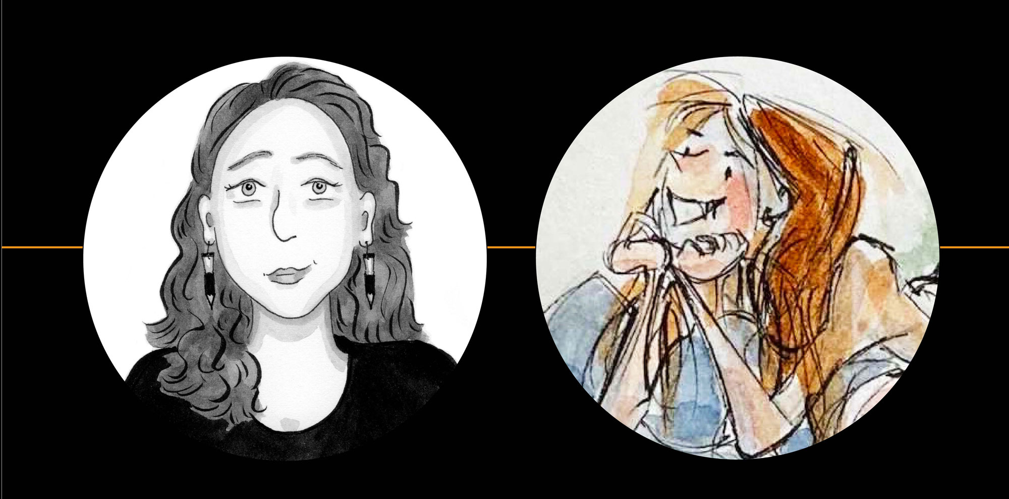 Two side-by-side self-illustrated portraits of Amy Kurzweil and Kendra Allenby, one in black and white and the other in loose, colorful strokes.