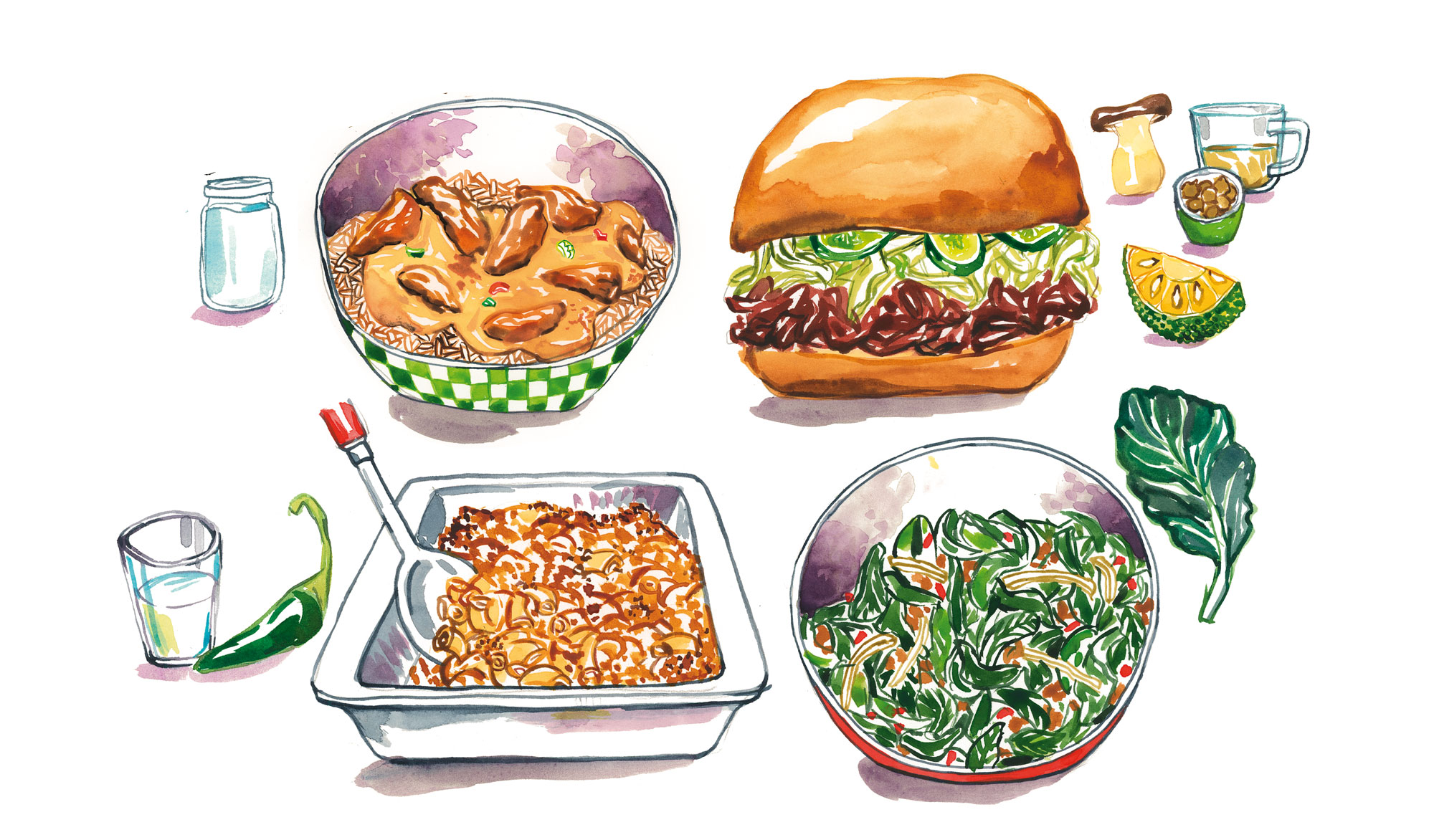 Water color illustrations of four dishes, including a bowl of curry and rice, a sandwich, baked pasta, and a leafy green salad, surrounded by small drinks, vegetables, and condiments.