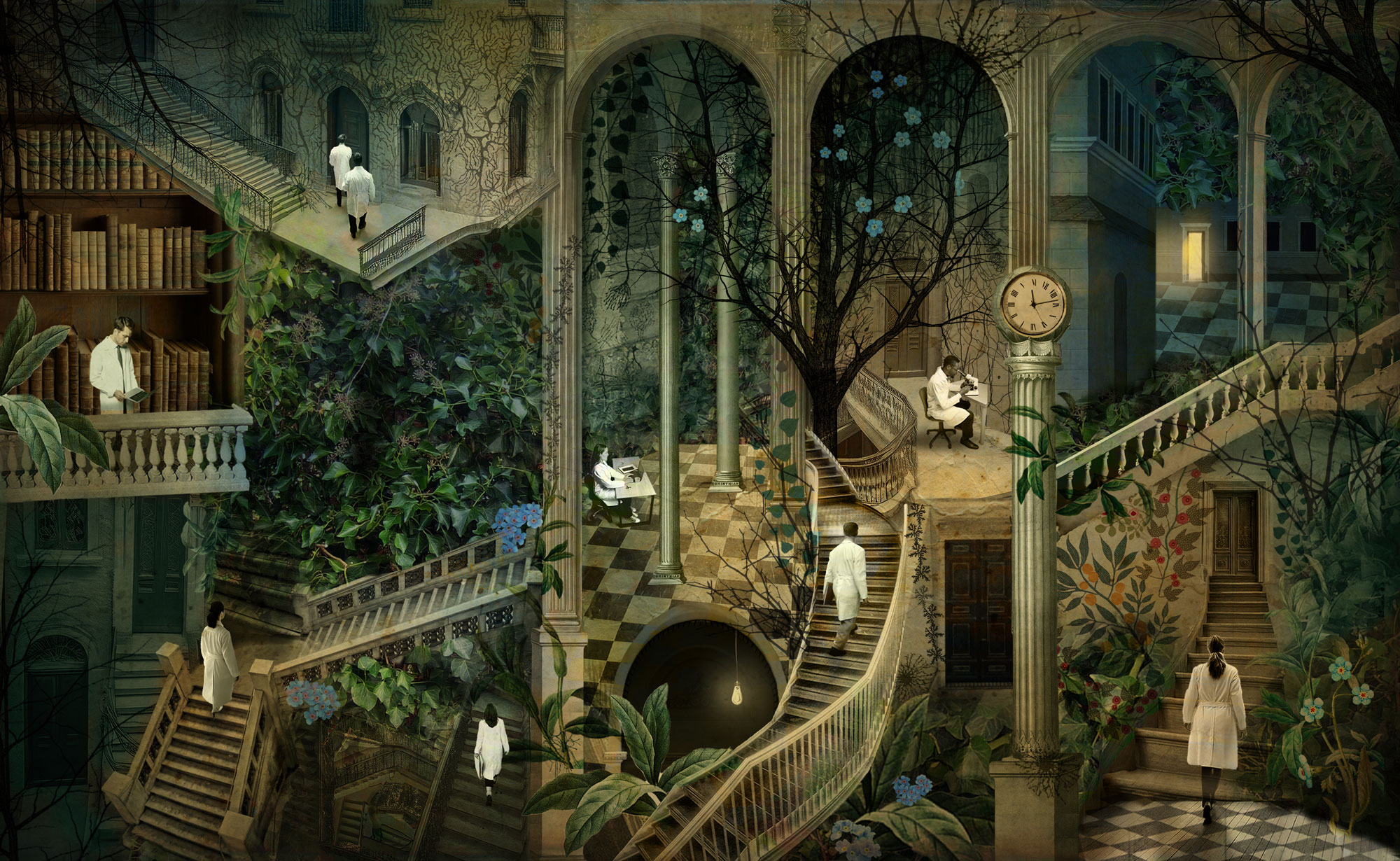 Surreal illustration of researchers navigating a maze of staircases, arches, trees, and overgrown plants.