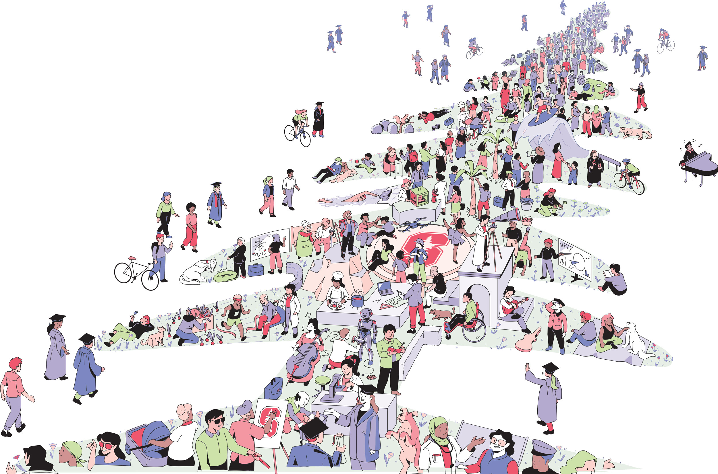 Illustration of people filling up the Stanford logo tree