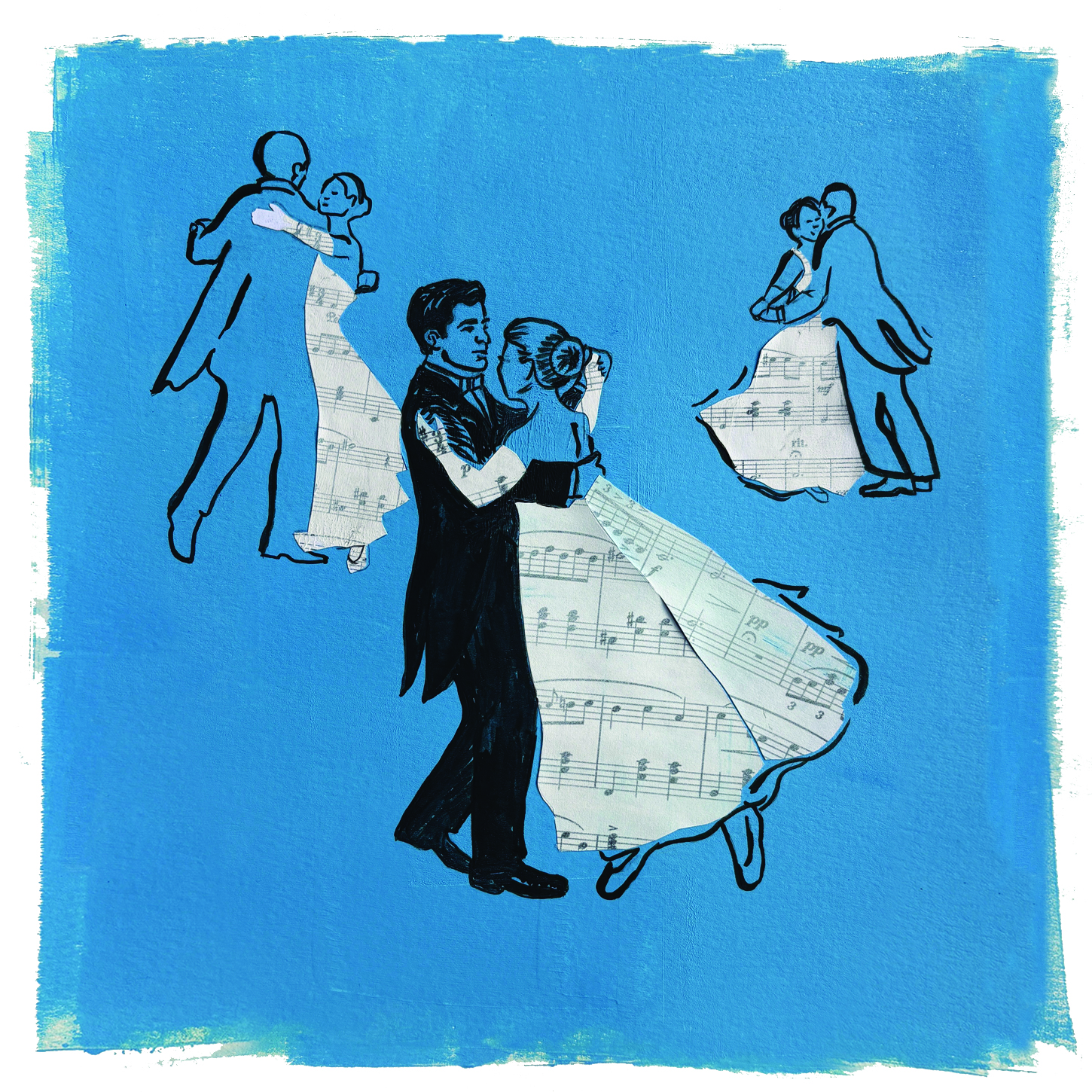 An illustration of three ballroom dancing couples and the women's dresses are sheet music
