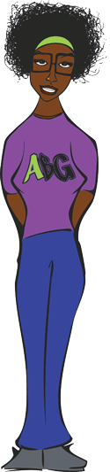 A cartoony depiction of Issa Rae. She wears blocky black glasses and has a squarish smile. Her curly hair is kept back with a green hairband.