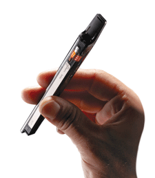 The Ploom Model One device. It is a thin metallic tab with a cartridge at the top and a tube to inhale.