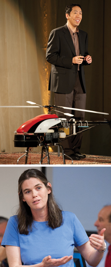 Two photos, one of Ng in front of a toy helicopter. The second is of Koller speaking.