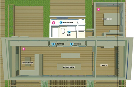 A map of the start.home model. It has an eating area in the center, an office and a bedroom to the right, a living room to the left, and a bathroom behind the eating area.