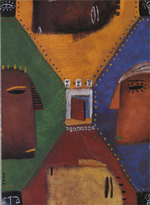 A piece of art depicting four differently colored faces gazing at an open door.