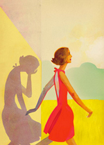 An illustration of a woman in a red dress walking outwards into an open field. Behind her is a silhouette, crying with her head in her palm.