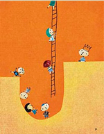 A cartoon of a line of people standing on a misshapen landscape. In the middle is a large pit with a ladder at one end. Most of the figures are in the pit, but a few are climbing out.