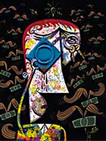 An abstract picture of a man whose glasses are the two sides of a condom keychain. All around him are dollar bills with moustache wings.