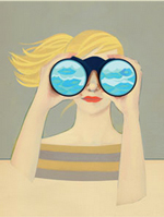 A plain illustration of a woman looking through binoculars. On our side of the binoculars, there are light blue waves.