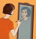 An illustration of a woman looking into a mirror, holding a pen to it. She appears to be drawing her own image with slightly different features.