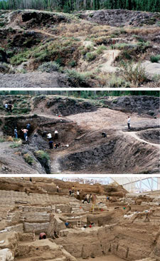 The image is a series of three panels. The top panel shows a non-descript, almost entirely covered site. The middle panel shows the same site, yet dug out in some areas. The last panel shows the site completely transformed, now a desert-like pit filled with workers, ladders, and support structures.