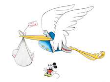 A giant stork is depicted flying over Mickey Mouse. The Stork is wearing a blue, button-down coat and a mailman's cap. In its mouth is a cloth wrap, hanging down and carrying a baby.