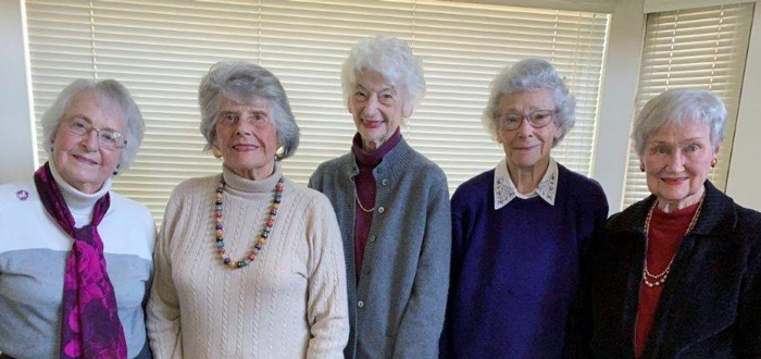 Sue Bailey Spangler, ’56, Joyce Engblom Phillips, ’53, Liz Croad Gard, ’54, Sicotte, Joan McCormick Merchant, ’52