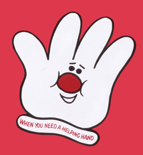 Illustration of the Hamburger Helper, a smiling glove with a red nose.