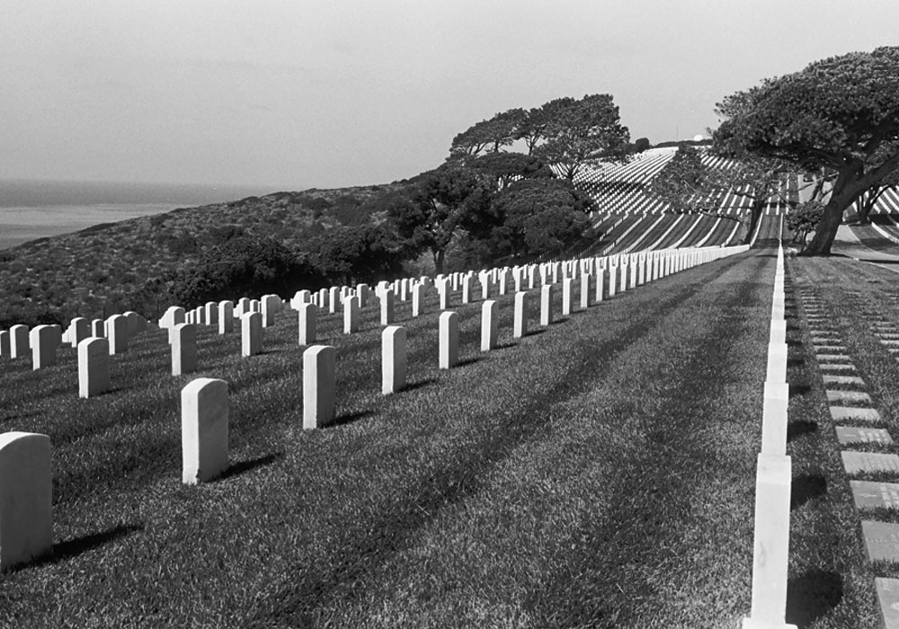 A cemetery full of white tombstones in long rows.
